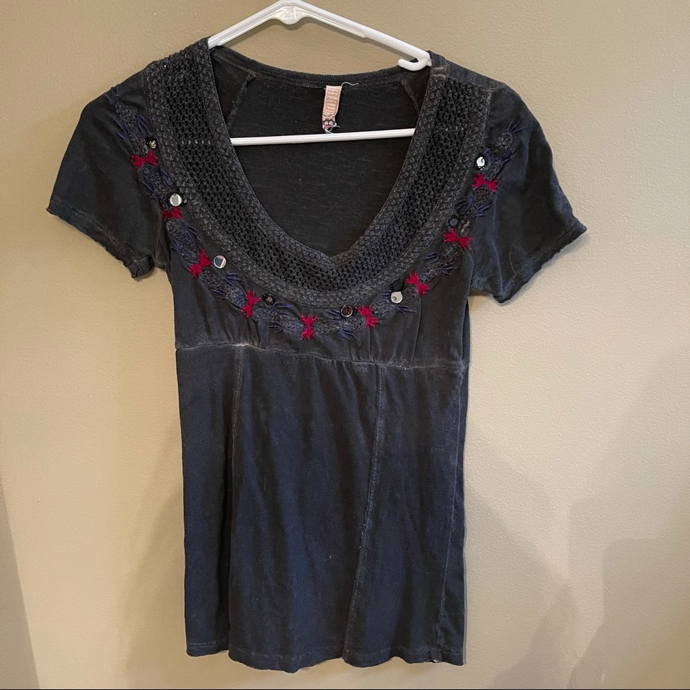 Free People Gray Maroon Mirror Tee